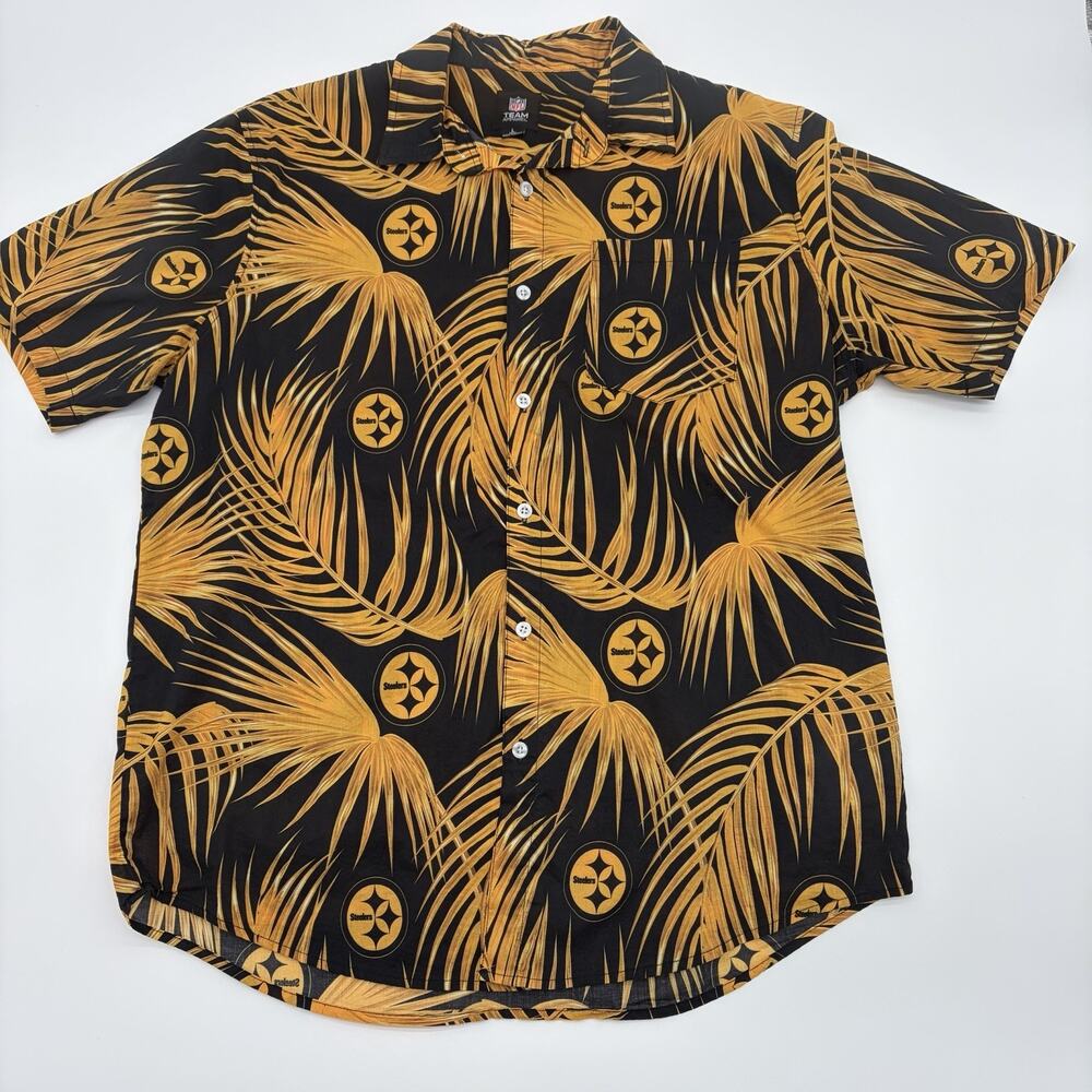 Pittsburgh Steelers Shirt Mens L Black Gold NFL All Over Print Hawaiian Aloha